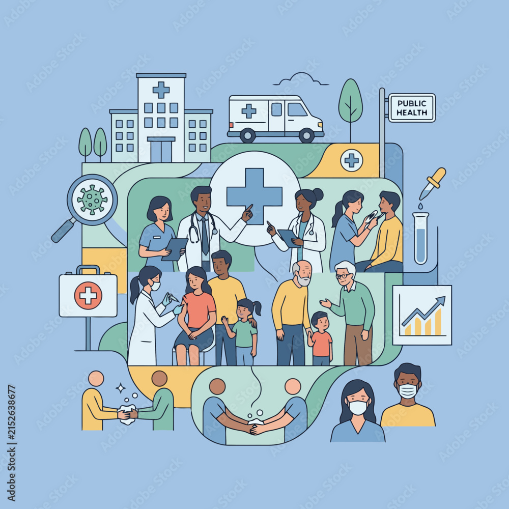 Naklejka premium A flat illustration showing medical professionals and patients in a community setting