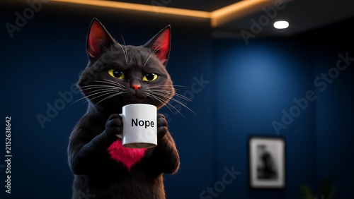 3d character of a black cat holding a white coffee mug with the word nope printed on the front animal