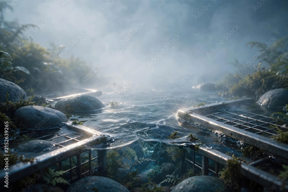 Fototapeta premium Ethereal Mist Over Ancient Water Ruins at Sunrise