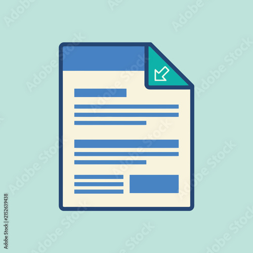 A flat vector illustration of a digital document file with a download icon