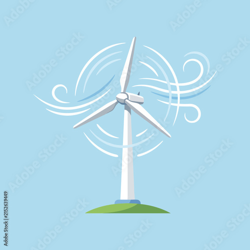 A white wind turbine generates clean energy against a clear blue sky background