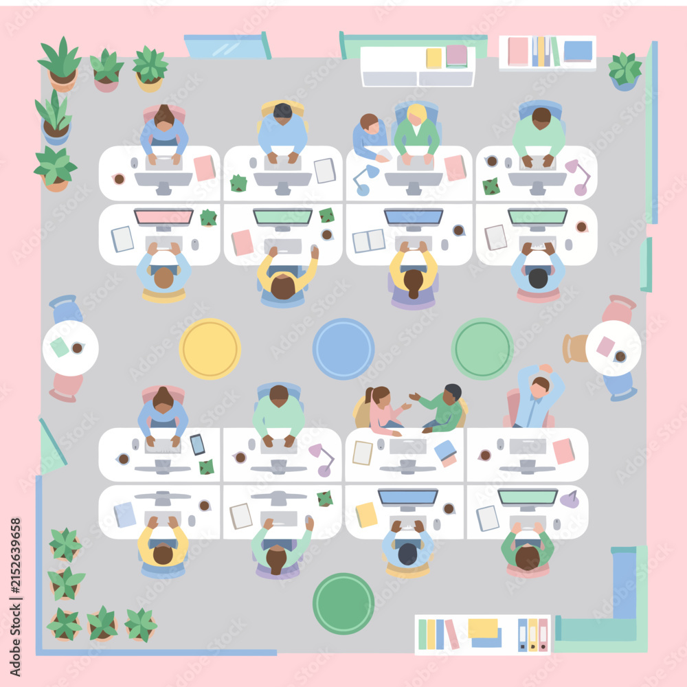 Naklejka premium A top view illustration of a busy modern office with many employees working hard
