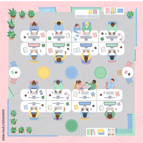 A top view illustration of a busy modern office with many employees working hard