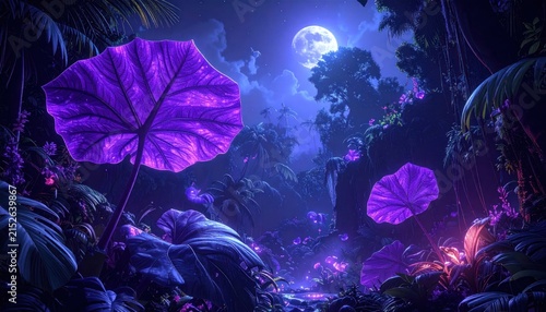 Giant purple leaves in moonlit dark tropical jungle
