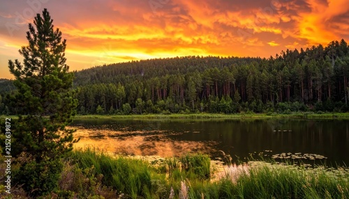 Golden sunset light hitting forest trees and lake.