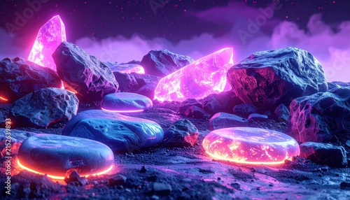Glowing pink crystals on rocky alien planet surface.