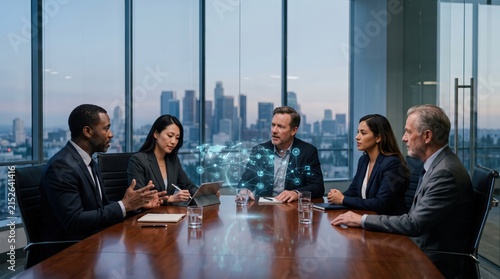 Diverse business team collaborates on global strategy in modern boardroom with city view