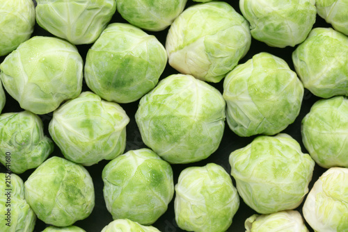 Top view of fresh Brussels sprouts for background.