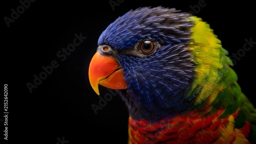 Close up portrait of a rainbow lorikeet bird with vibrant blue, yellow, green, and red feathers on black