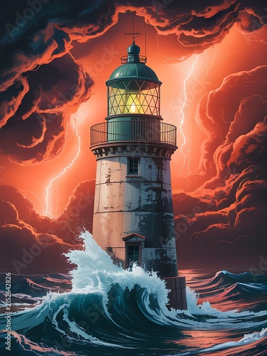 Lighthouse standing in stormy ocean with crashing waves under a dark red sky with lightning bolts in the clouds