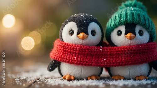 Two cute plush penguin toys wearing a red scarf and a green knitted hat sitting on a snowy wooden surface at night