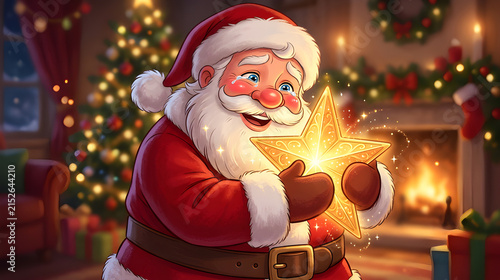 A deeply emotional cartoon Santa Claus smiling through sparkling tears of happiness, hugging a glowing golden Christmas star, rosy cheeks, expressive eyes and warm heartfelt expression.