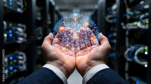 Businessman holding glowing digital network connected nodes in data center, for global connectivity, artificial intelligence, cloud computing advanced business solutions