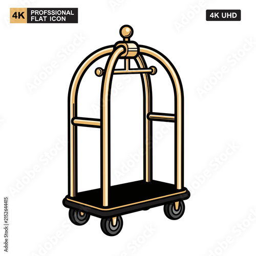 Golden hotel luggage cart with black platform and wheels.