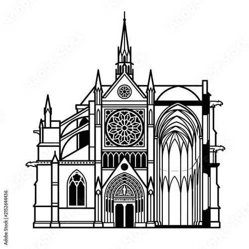 Gothic Cathedral Facade Line Art Illustration.