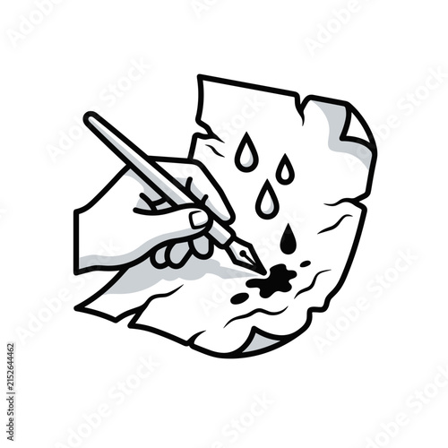 Hand writing with ink pen on paper with ink drops.