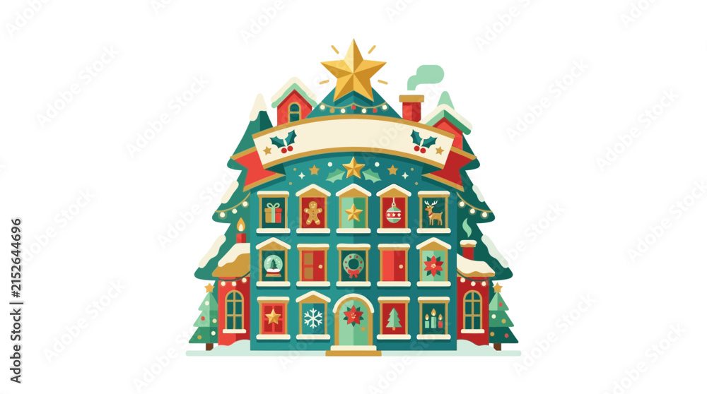 Fototapeta premium Advent calendar house in the shape of a decorated Christmas tree features numbered doors and holiday icons.