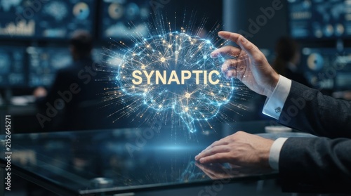 Businessman interacting with glowing digital brain for word synaptic, for advanced artificial intelligence, cognitive computing, neural networks mental innovation