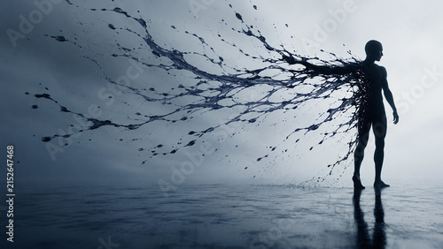 AI generated human silhouette dissolving into flowing dark liquid branches minimal background symbolizing transformation identity loss change freedom emotional release