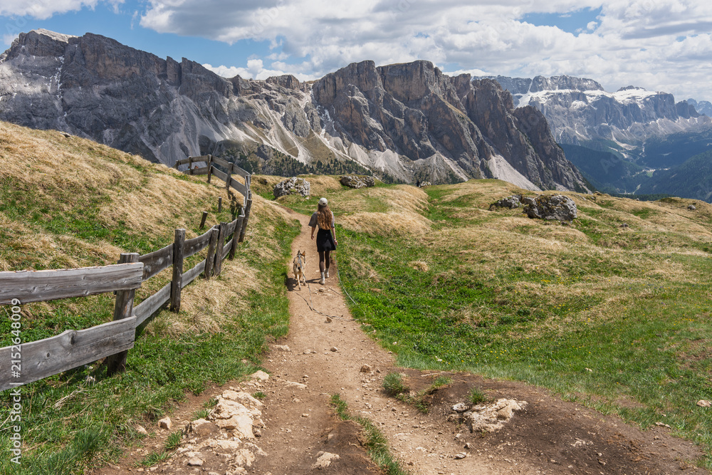 Fototapeta premium Young woman hiking away with her dog along a narrow dirt trail on a grassy mountain ridge next to a rustic wooden fence, spectacular alpine rock formations concept