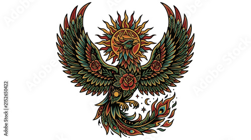 Mythical Phoenix Bird with Sun and Roses Illustration