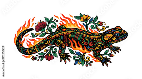 Ornamental Lizard with Flames and Floral Motifs