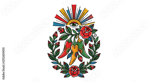 Ornamental Emblem with Chili Peppers, Roses, and Eye of Providence