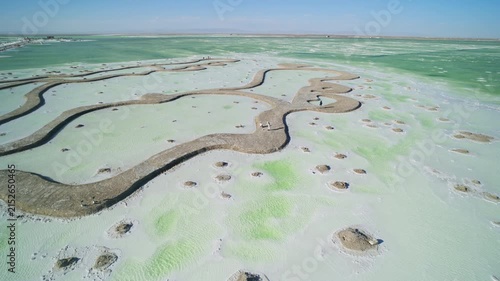 Aerial View of Emerald Water and White Salt Flat in Qarhan Salt Lake: Pure Mineral Lake, Salt Crystals and Sunlight in Qinghai