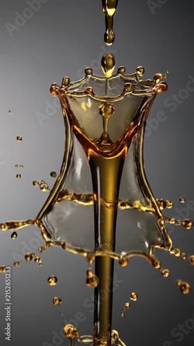 A dynamic amber liquid splash creating abstract forms against a neutral background