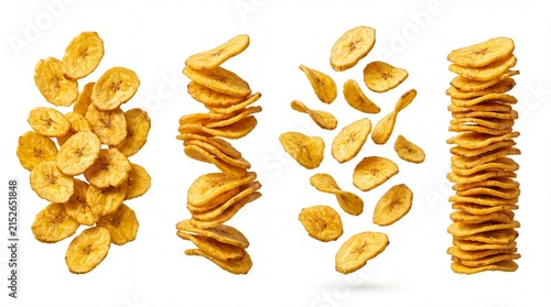 Crispy fried banana chips set on white background