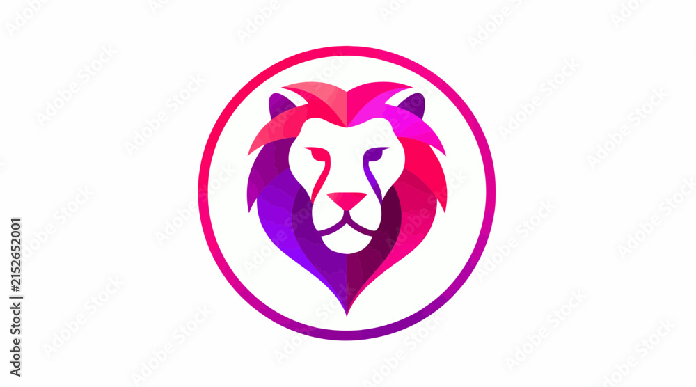 Naklejka premium Colorful purple lion head logo within a circle.