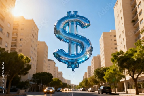 Blue Dollar Sign Balloon Over City Street