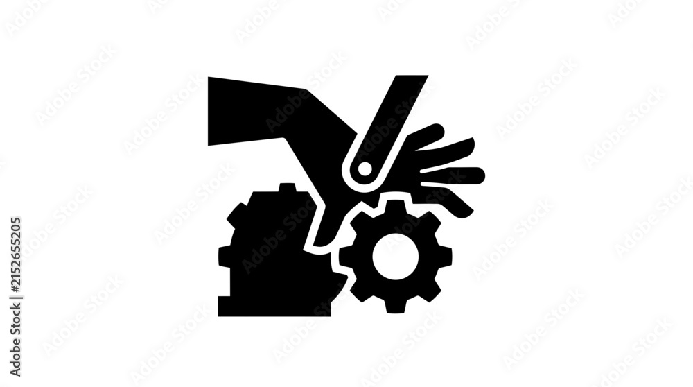 Obraz premium Pinch point warning icon shows a hand caught in gears.