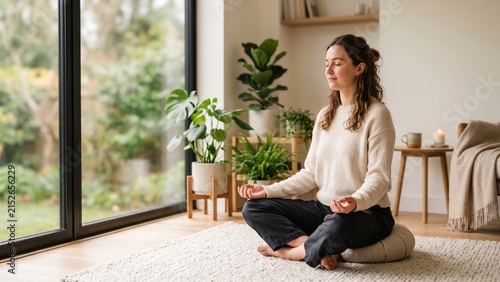 Young woman sitting in lotus pose meditating on floor cushion near large window, peaceful home living room with houseplants, mindfulness, stress relief, and mental health wellness concept. 