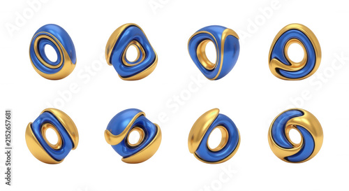 blue and gold abstract 3d objects rotating on a white background symbolizing design technology or finance