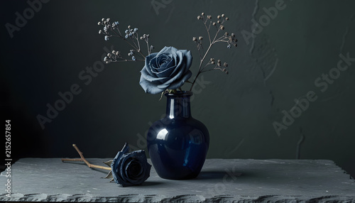 Moody Fine-Art Still Life of Dark Blue Rose and Withered Branch in Midnight Vase