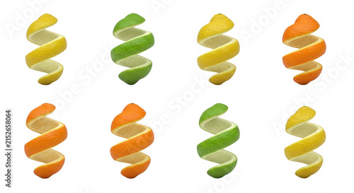 colorful citrus peel spirals isolated on a white surface freshness and ingredient options cooking and design