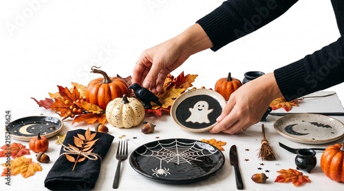 Halloween table setting with pumpkins, autumn leaves, and spooky themed plates