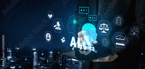 Canvastavla Man in Suit Holding Tablet Screen Displaying AI Ethics Icons and Symbols in a Modern Urban Setting with a Night Cityscape Background Quark