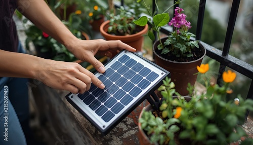 Person adjusting compact portable solar panel device amidst potted flowers on residential apartment balcony railing with positioning small rectangular