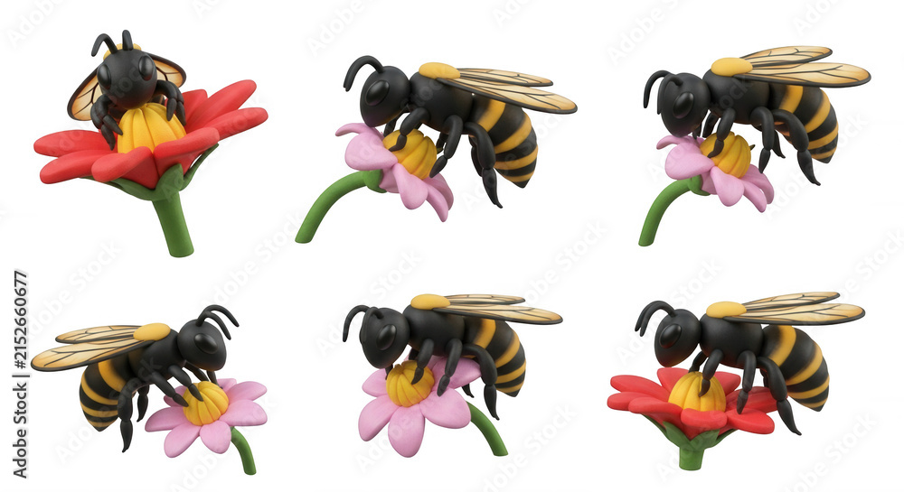 Fototapeta premium clay bees pollinating vibrant flowers studio shot concept for nature conservation and spring visuals