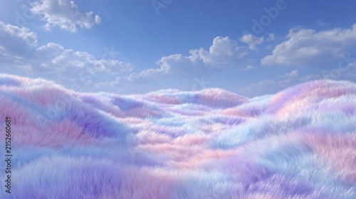 Abstract surreal landscape with soft pastel hills and fluffy clouds in a dreamy blue sky
