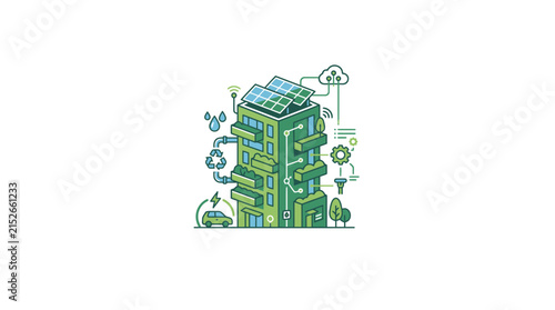 Green building features sustainable energy systems and smart technology.