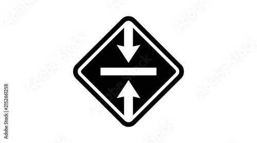 Traffic sign displays vertical arrows for clearance or pinch point warnings.