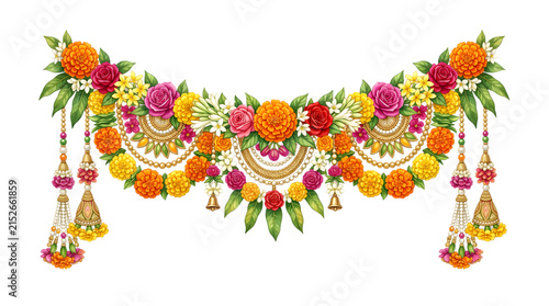 Festive Indian floral marigold garland on black background.
