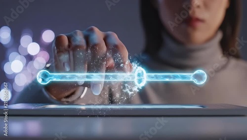 Hand touching digital holographic slider interface.