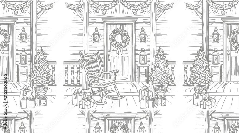 Fototapeta premium Cozy Porch Holiday Scene Sketch