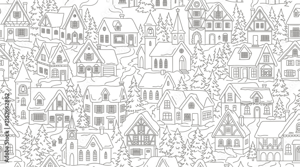 Fototapeta premium Cozy Village Scene Line Art