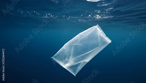 Plastic bag floating in deep blue ocean water.