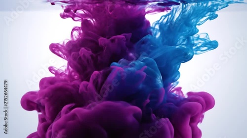 Purple and blue ink clouds swirling in white background.